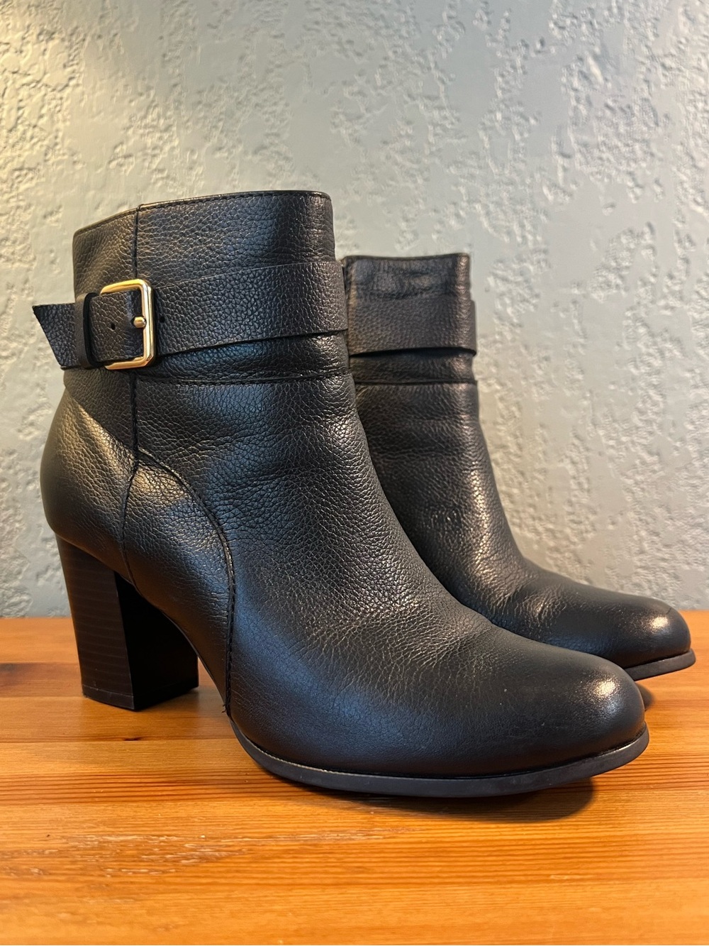 Cole Haan Black Leather Ankle Booties with Gold Buckle